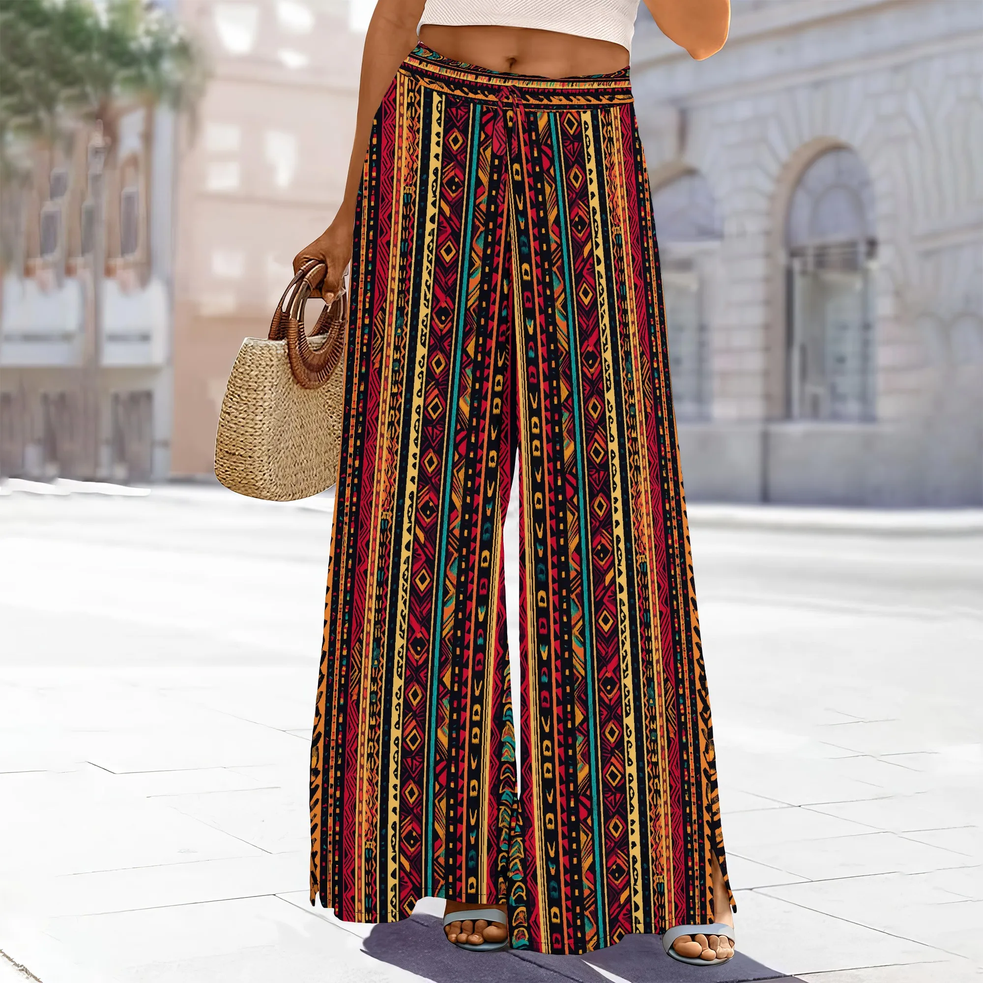 

Women's High-Waisted Mint Floral Wide-Leg Pants Adjustable Waist Pockets Back Slit Polyester Casual Light