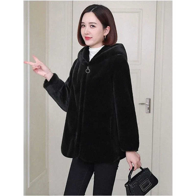 Mink-Like Plush Fur Coat Women Winter New High-Quality Jacket Middle-Aged Elderly Mom Outerwear Long Hooded Overcoat Female Tops