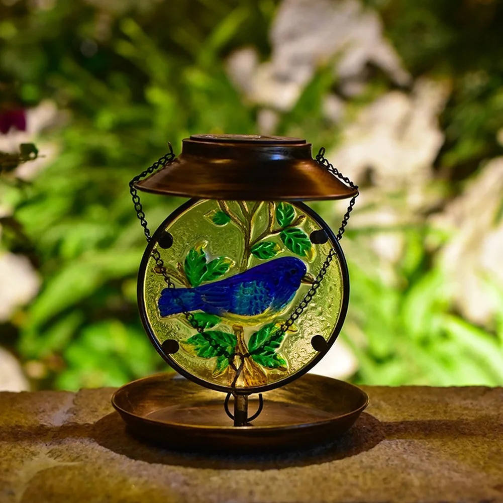 Solar Powered Bird Feeder Garden Light Iron Craft Hanging Lantern With LED Dusk To Dawn Glow For Outdoor Yard Patio Decor
