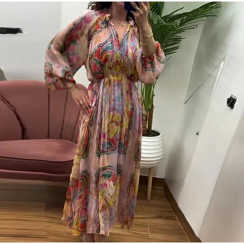 

ted Lantern Sleeve Pleated Dress For Women Loose Irregular Party Vacation Dresses Female 2024 Summer New Lady Vestido