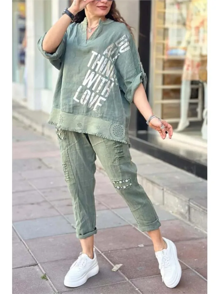 

Spring Autumn New Casual Letter Print Two Piece Sets Women's Fashion v-neck half sleeve Loose 2Piece Set Office ladies Suit