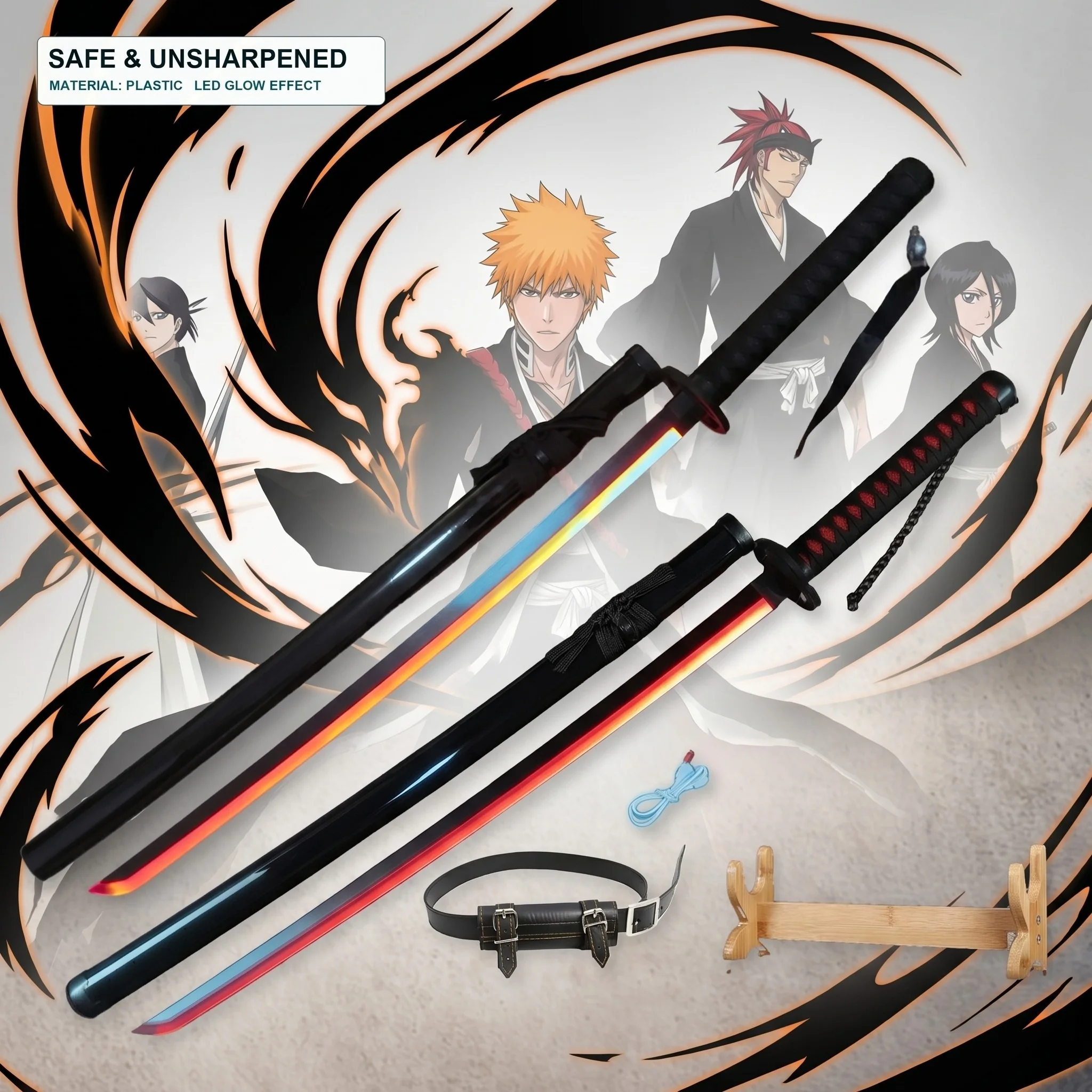 40 Inch Bleach Anime LED Katana Sword Sabre Blade Ninja Knife Schwert Set Stand Belt Safe Unsharpened Cosplay Display Photo Prop