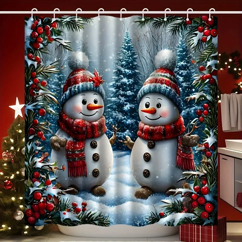 1pc Classic Christmas Style Shower Curtain Features Elements Like Snowmen, Christmas Trees, And Red Berries, Perfect for Holiday