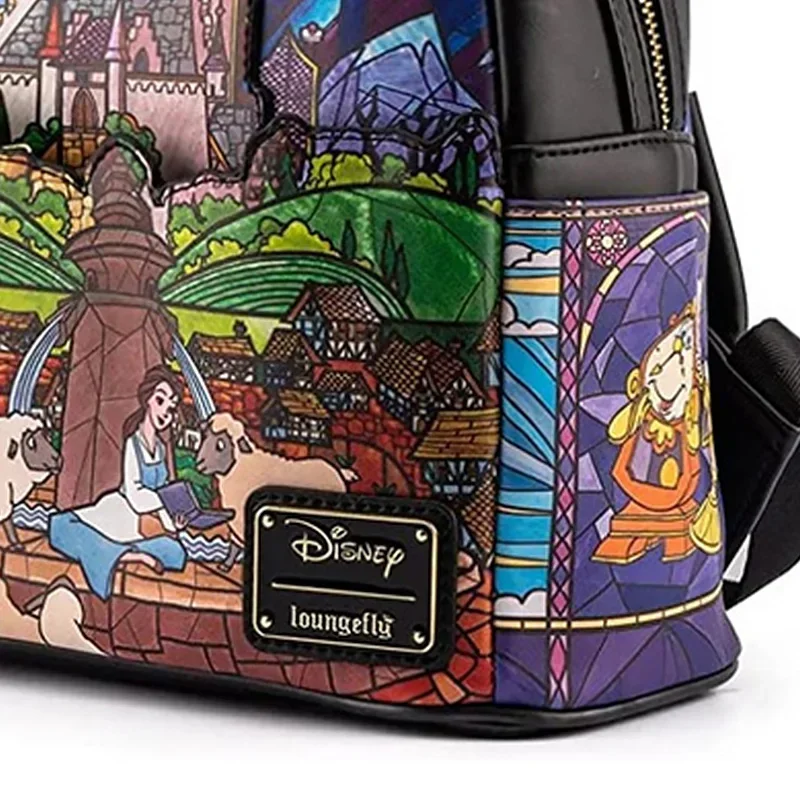 Original Loungefly Disney Backpacks Princess Castle Series Belle Womens Double Strap Shoulder Bags PU Leather Women Backpack