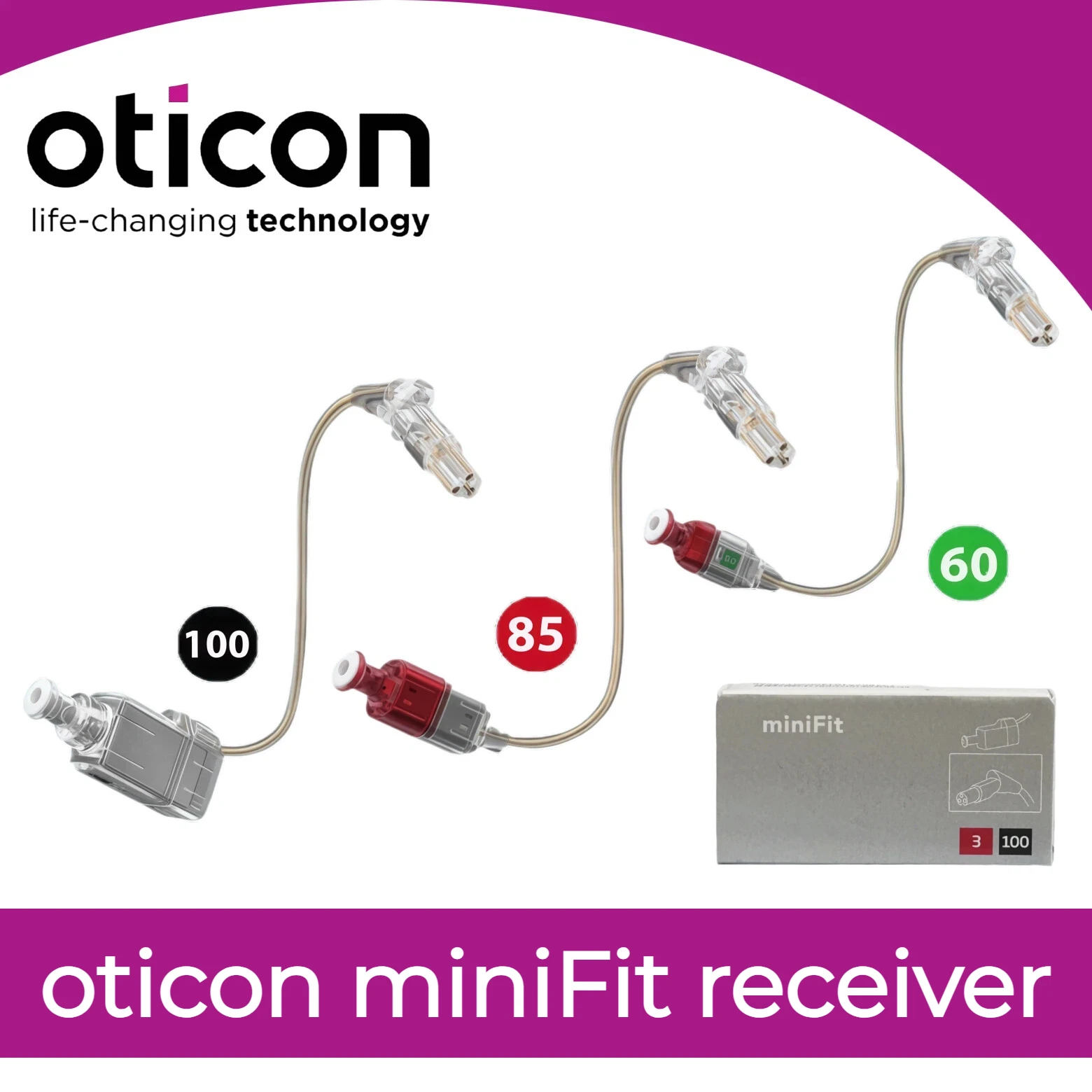 Oticon miniFit Replacement Receiver for Alta/Nera/Ria/OPN RITE – 60/85/100 Power, Multiple Lengths