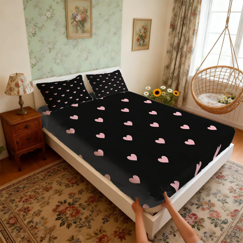 Black Pink Heart Print Fitted Sheet Set, Bed Sheet Set Bedding Set No Fillers, Cute Love Heart Bedding for Teen Girls Room