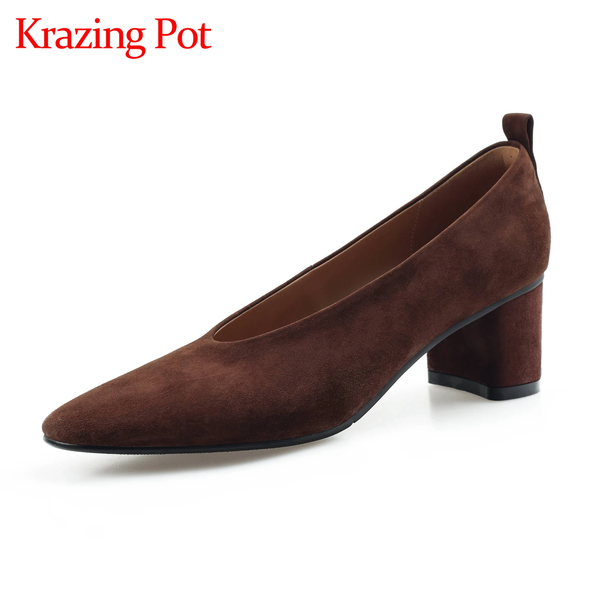 Krazing Pot New Kid Suede Slip On Chunky Heels Spring Retro Fashion Summer Round Toe Shallow Cozy Grandma Shoes Soft Women Pumps