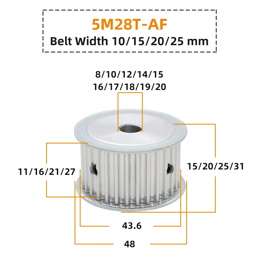 5M Type 28T Alloy Aluminum Pulley Inner Bore 8-20 mm 28Teeth 5mm Pitch 11/16/21/26 mm width AF HTD5M Synchronous Pulley 5M28T