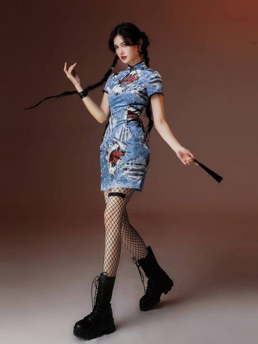 Jupe longue Qipao en velours imprimé denim, élégante, à fente haute, pour femme, confortable, style vintage hippie, pour le quotidien