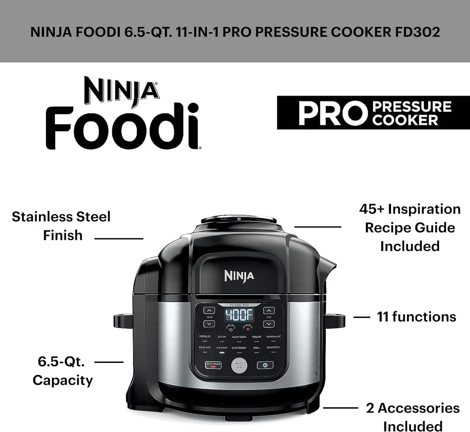 Ninja FD302 Foodi 11-in-1 Pro 6.5 qt. Pressure Cooker & Air Fryer that Steams, Slow Cooks, Sears, Sautés, Dehydrates & More,with