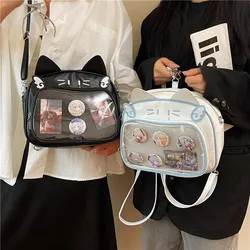 Y2K Japan Silver Cat Backpack Cute Ita Shoulder Bags Sweet Girl Transparent Pocket Travel Bag Women Crossbody Bag Mochilas sac