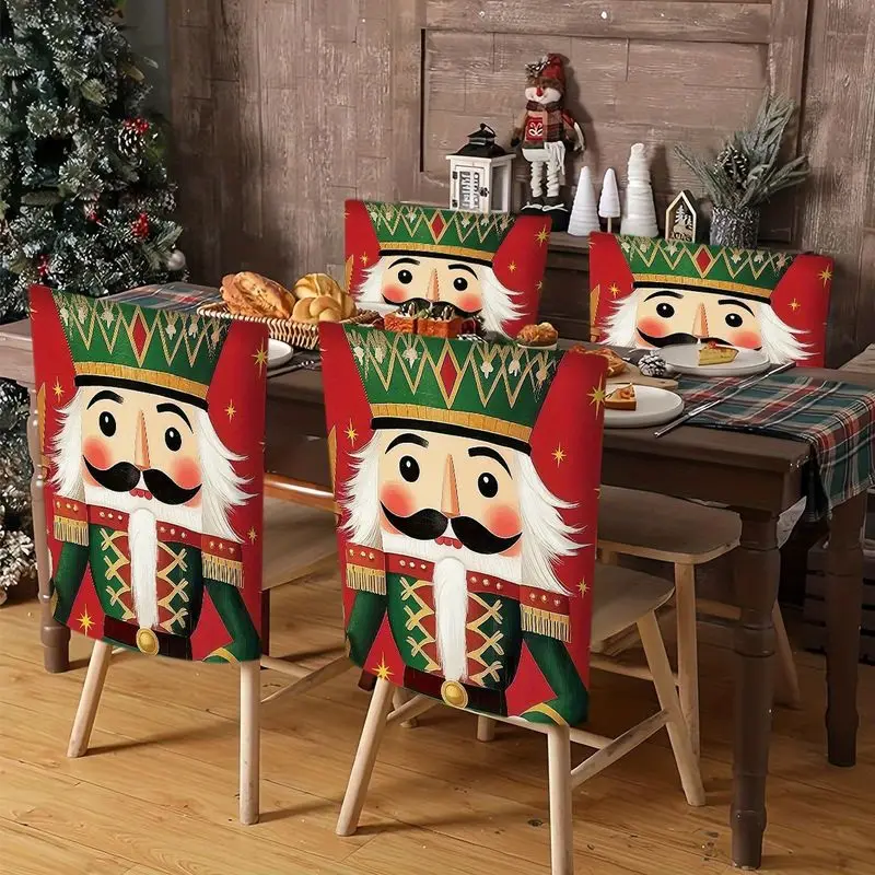VIKAMA Xmas Dining Chair Slipcover Nutcracker Soldier Pattern Dustproof For Kitchen Banquet Christmas Party Decor