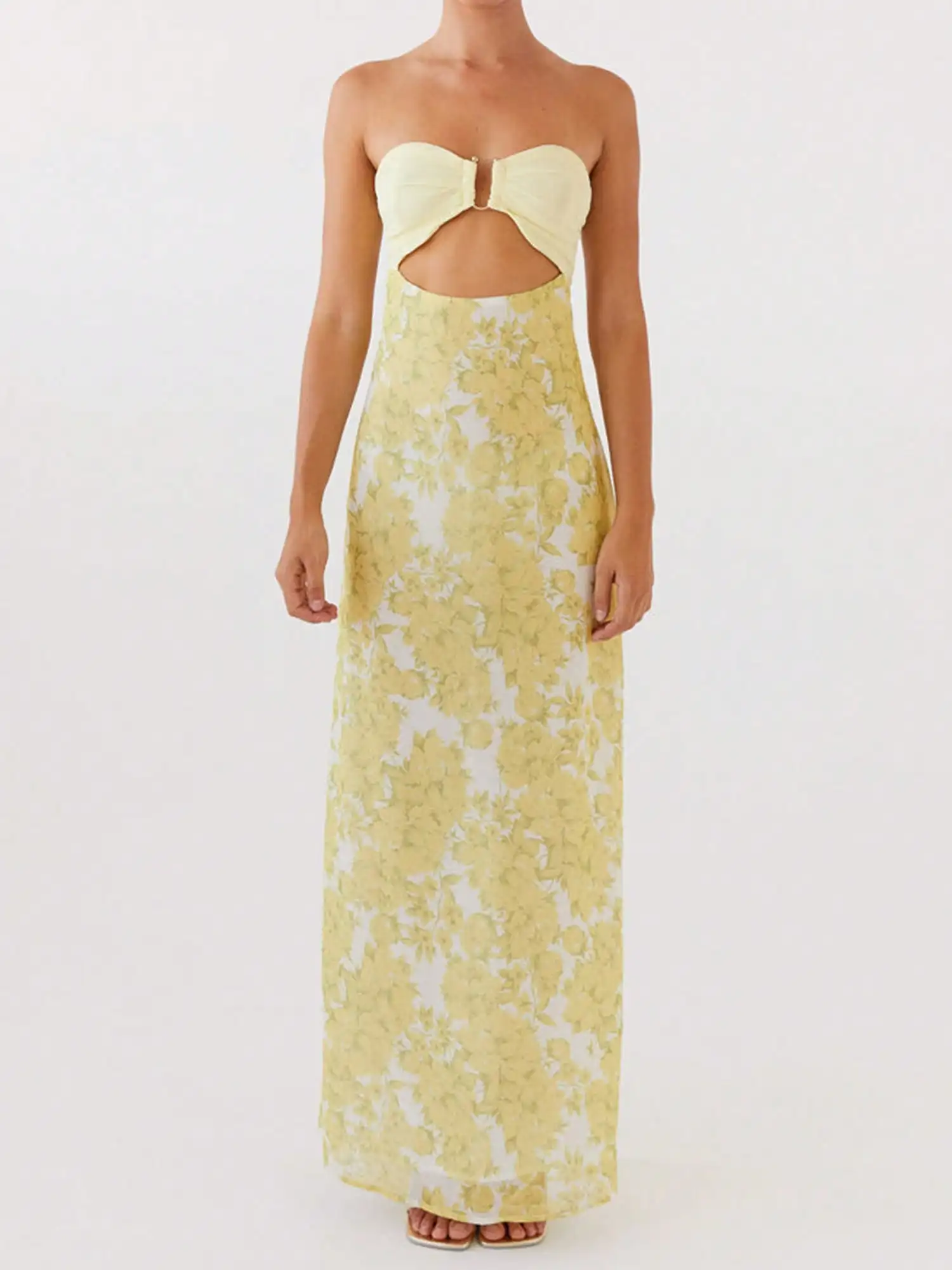 

Yellow Floral Cut-Out Strapless Maxi Dress for Women Summer Beach Formal