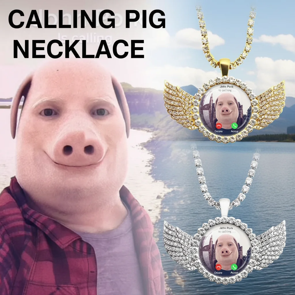 Funny Pig Lover Necklace 'For John Pork Is Calling' Humor Graphic the Moon Pendant with Angel Wings Ideal Call Phone Answer Gift