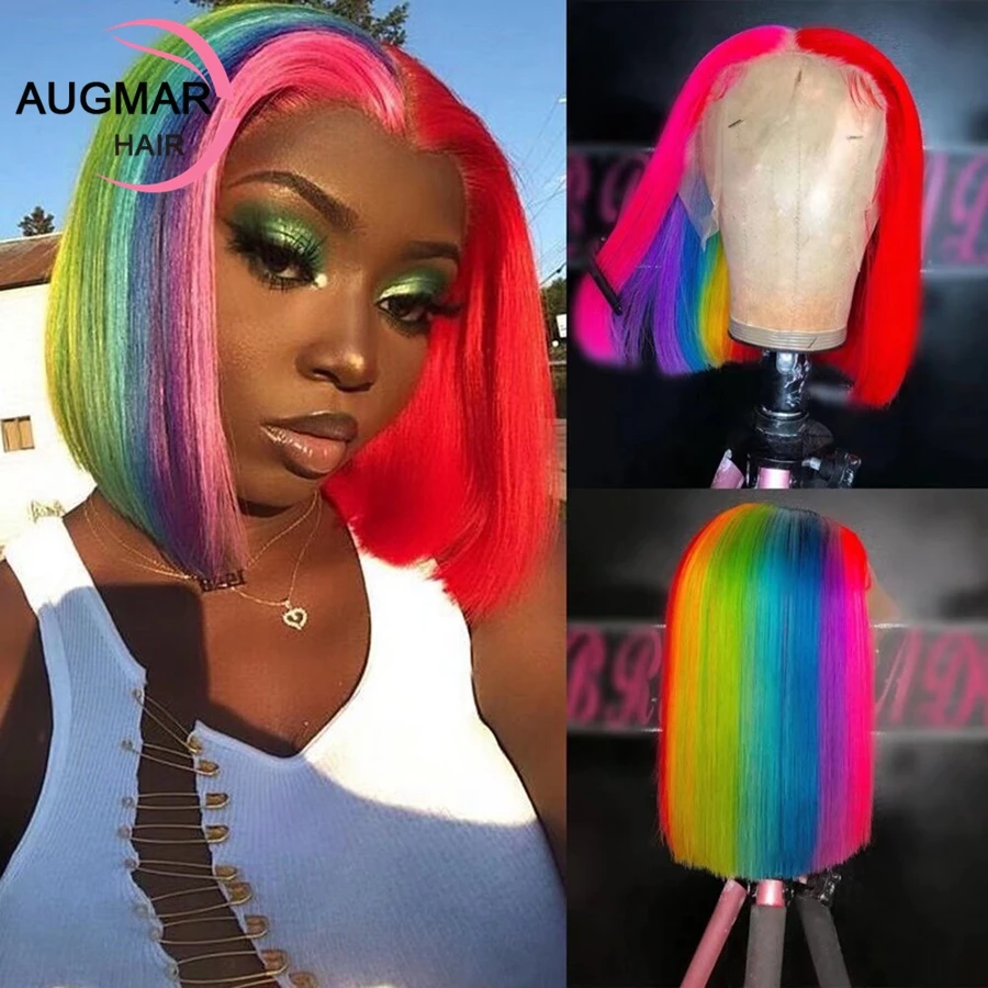 

13x4 Rainbow Highlight Wig Human Hair Ombre Purple Blue Green 13x6 Lace Frontal Wig Short Bob Straight Human Hair Wigs For Women