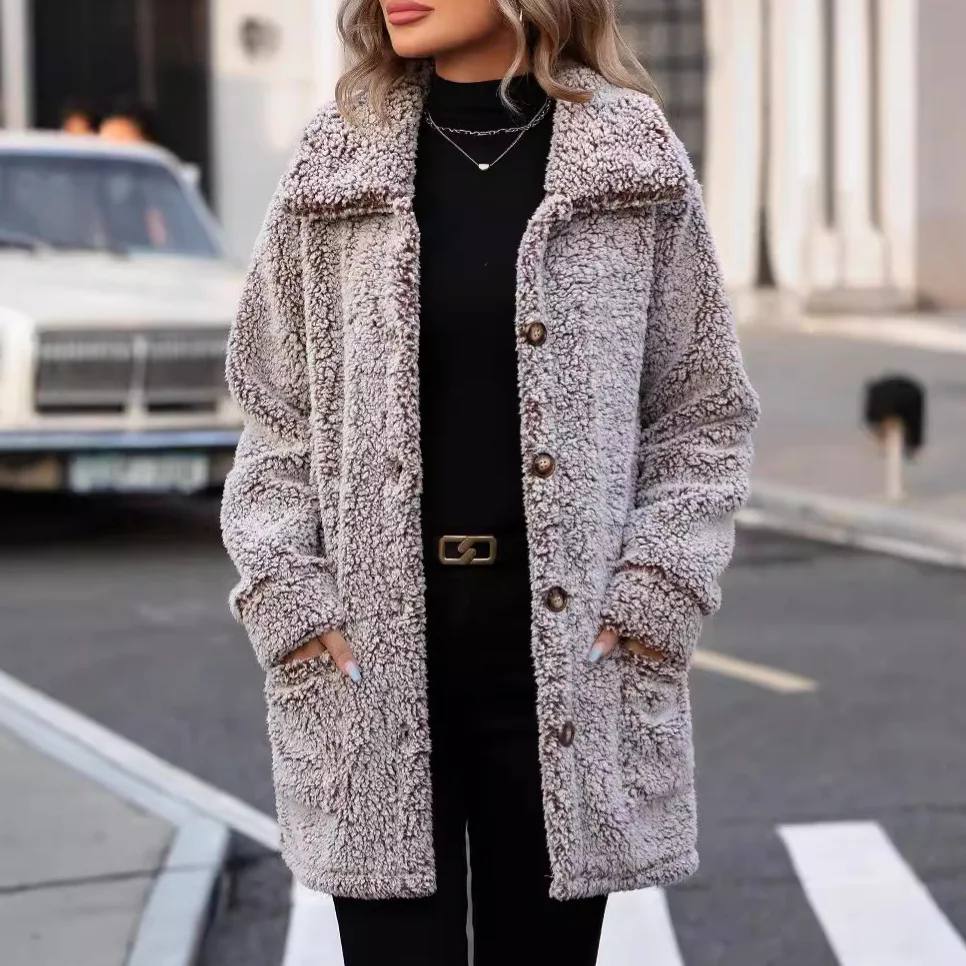

New Fashion Button Lapel Long-sleeved Woolen Coat Women Winter Casual Loose Solid Color Pocket Mid-length Cardigan For Women