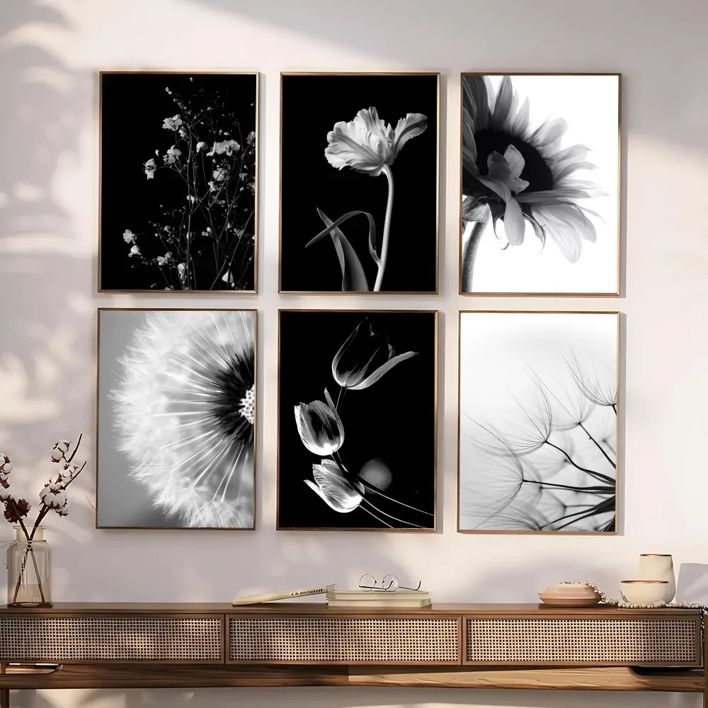 1PC Black And White Art Plant Flower Poster Self-adhesive Art Waterproof Paper Sticker Coffee House Bar Room Wall Decor