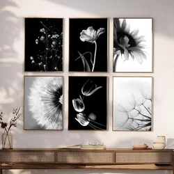 1PC Black And White Art Plant Flower Poster Self-adhesive Art Waterproof Paper Sticker Coffee House Bar Room Wall Decor