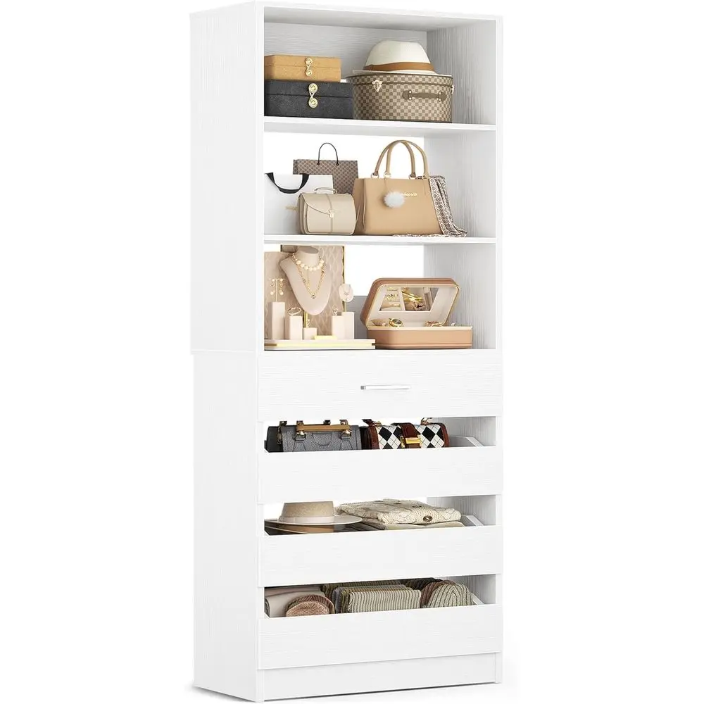 

21.3 White Wooden 4-Tier Open Shelf Closet Organizer System for Small Walk-in Wardrobes and Tall Storage Cabinets