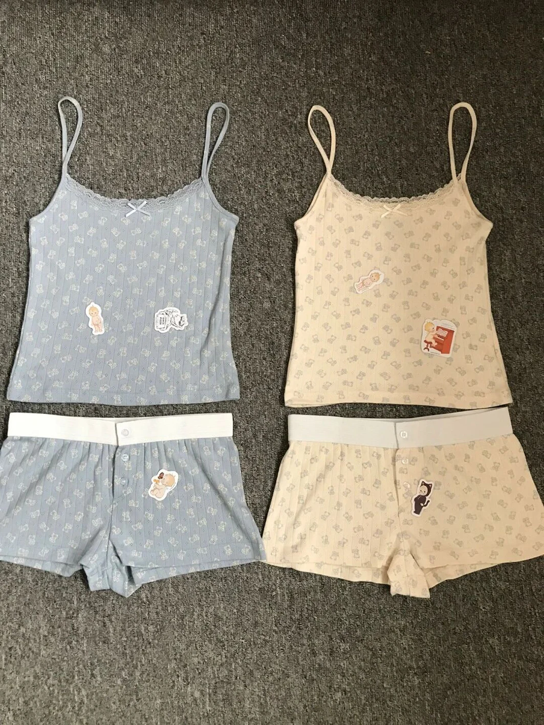 Öse Bär Druck Baumwolle Weste Shorts Set Frau Sommer süßes Mädchen Spitzen besatz schlanke Ernte Top elastische Taille kurze Hose 2 Stück Sets