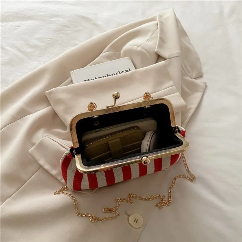 

Retro Kiss Lock Shoulder Bags Minimalist Design Contrast Color Striped Crossbody Purse Versatile Popular Design