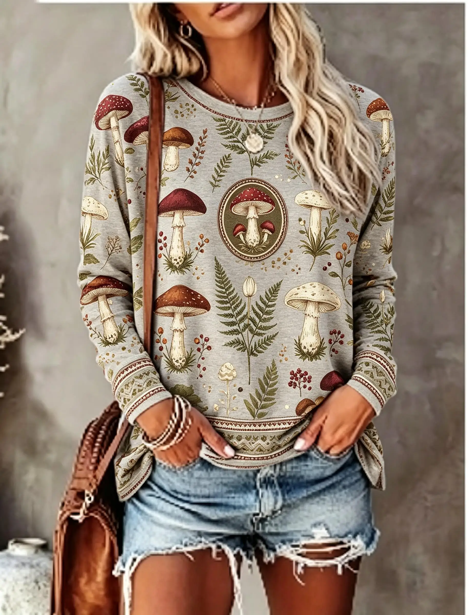 Women Crew Neck Long Sleeve T‑Shirt Vintage Mushroom Forest Floral Leaf Star Cottagecore Full‑print Casual Loose Pullover Tops