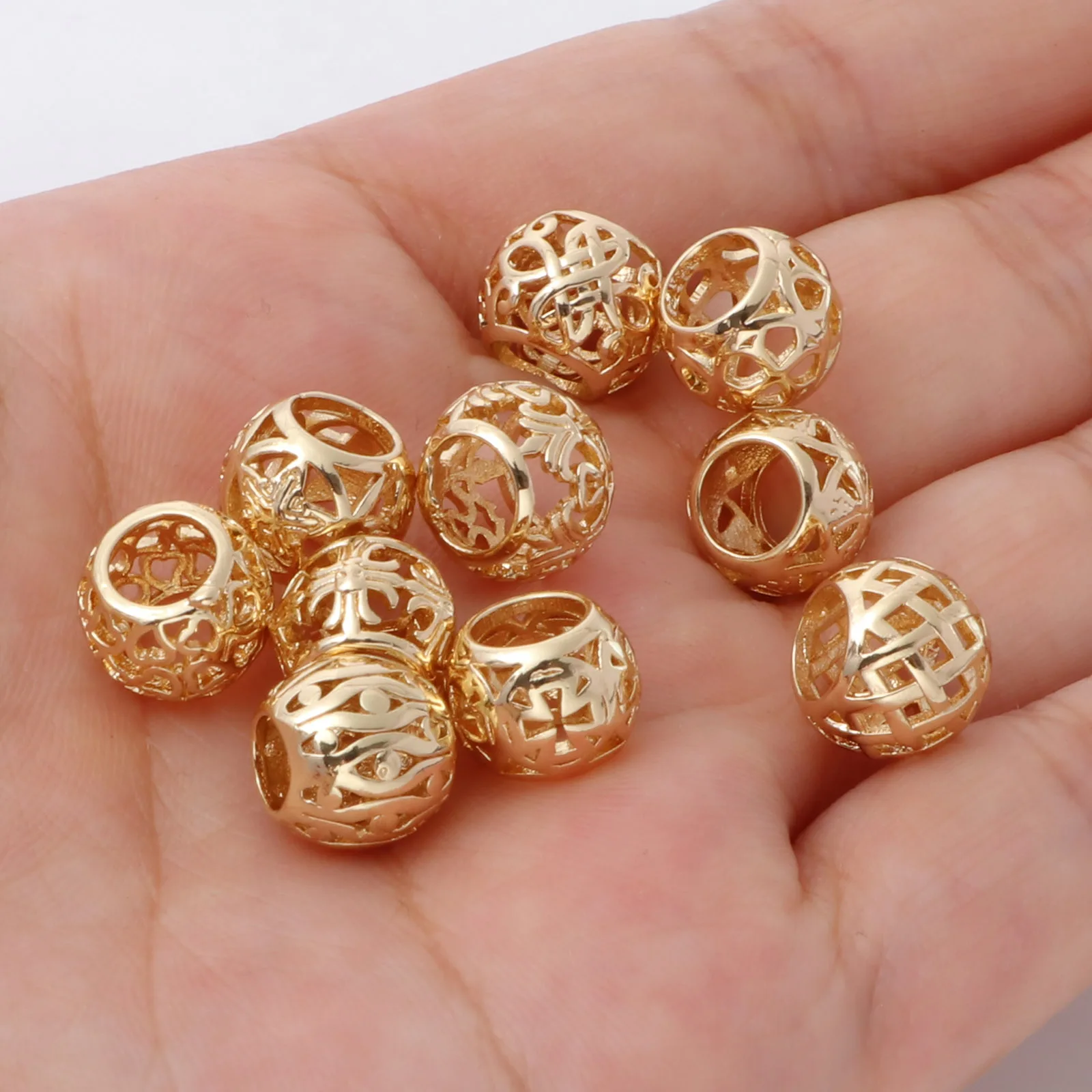 2PCs Gold Color Copper Beads Metal Loose Beads Drum Filigree Geometric Cross Hollow Spacer Beads DIY Making Necklace Jewelry