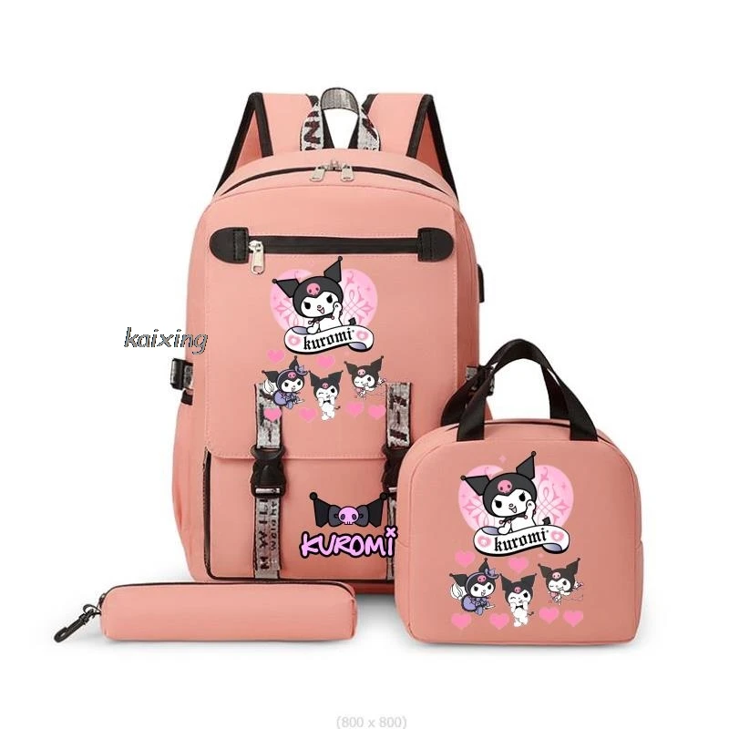 Interrupteur sac à dos Kuromi Melody Cartoon pour enfants, sac d'école portable de grande capacité, sac à lunch Kawaii, étui à crayons, mode fille, ensemble de 3 pièces