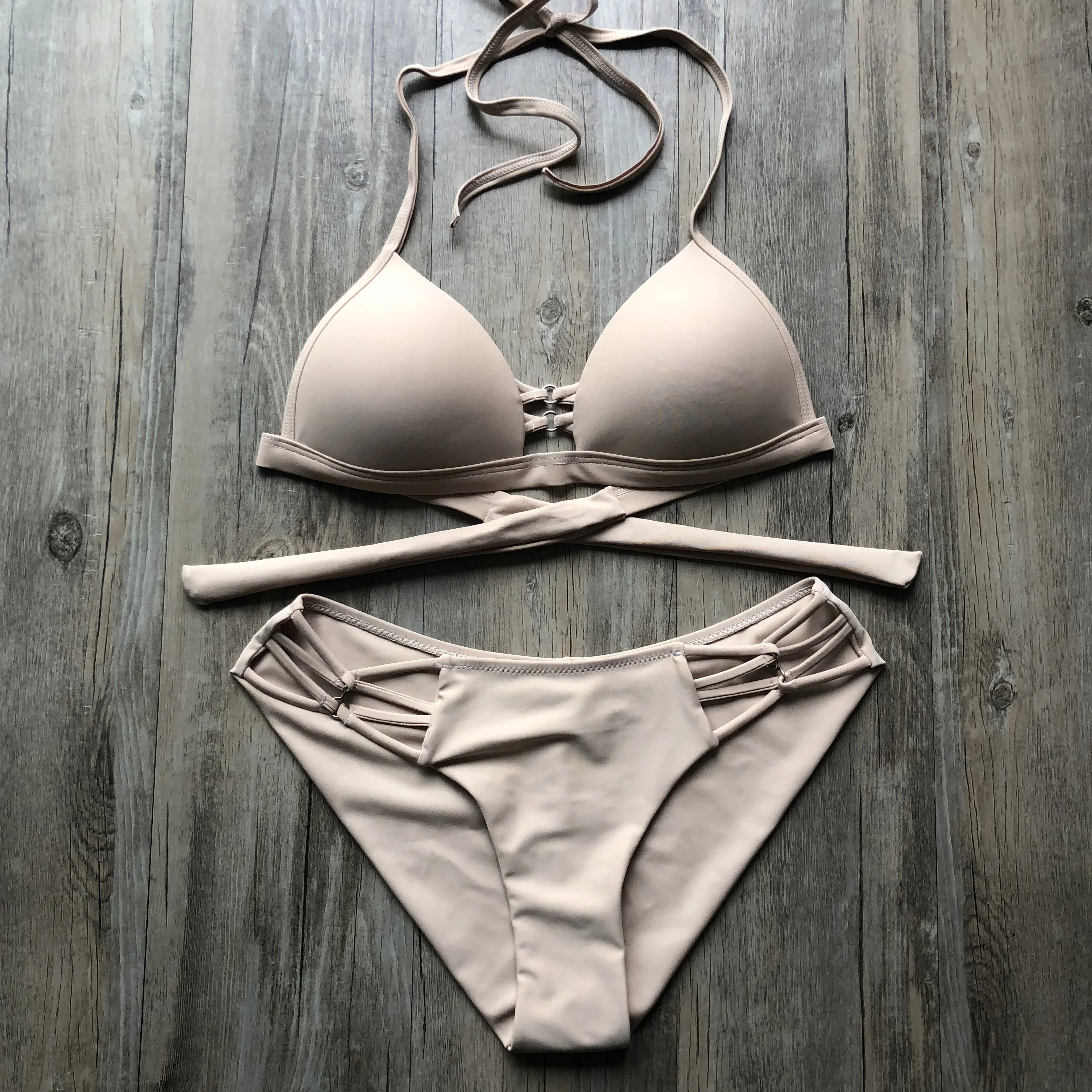 

2019 Sexy String Bikini Set Halter Swimsuit Backless Bathing Suit Women Solid Black Brazilian Biquini Push Up Swimwear S04