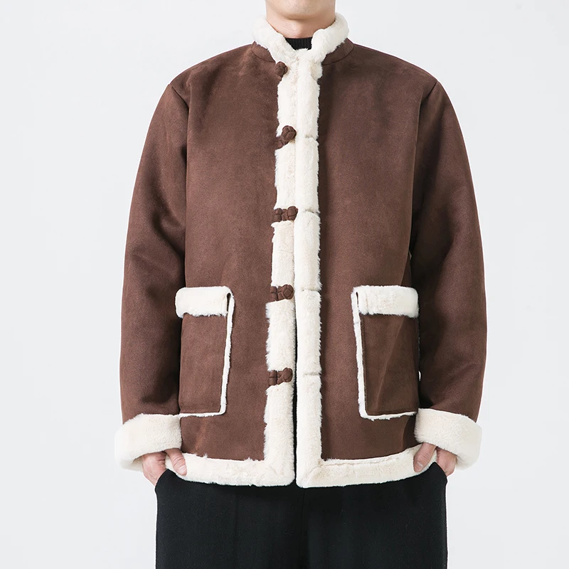 Jaqueta de Hanfu acolchoada de algodão estilo chinês masculino, casaco grosso quente, parkas de peles artificiais soltas, forro de lã, masculino, outono, inverno