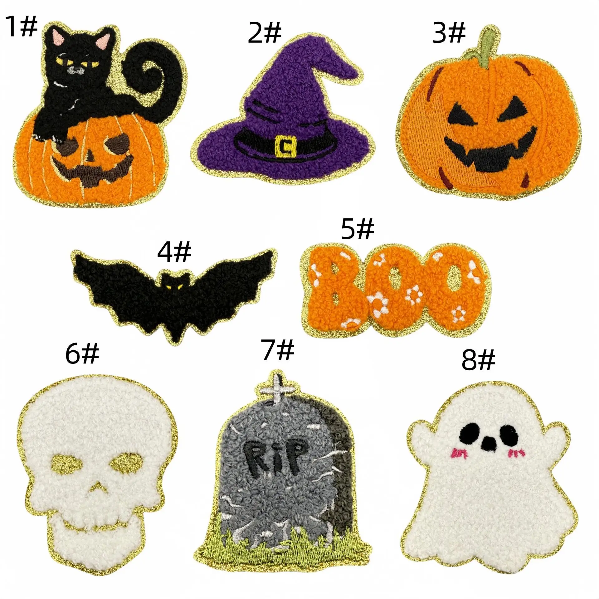 

8 Pcs Halloween Chenille Patches Cute Glitter Pumpkin Ghost Boo Skull Witch Bat Sew Iron on Repair Embroidered Applique DIY Craf