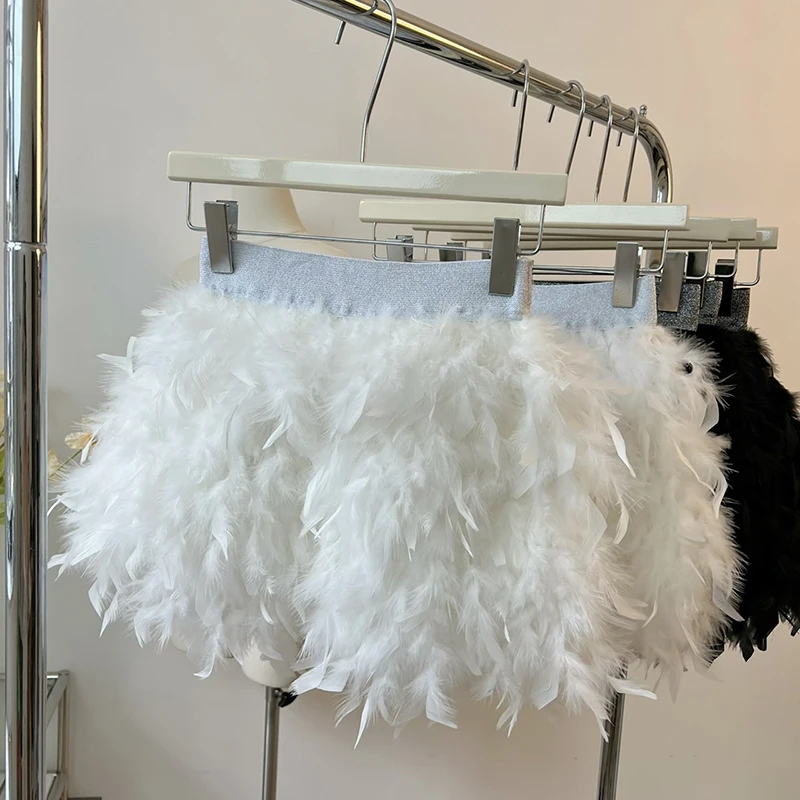 2023 Spring Summer New Fashion Feather Short A- Line Skirt Women Elastic Waist White All-Match Tutu Female Student Mini Skirt