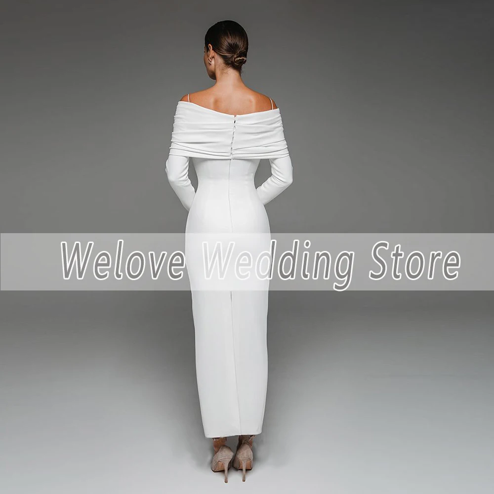 Civil Engagement Wedding Dress Boat Neck Long Sleeve Ankle Length White Bridal Gown Party Wear Pleat Sheath Свадебное платье