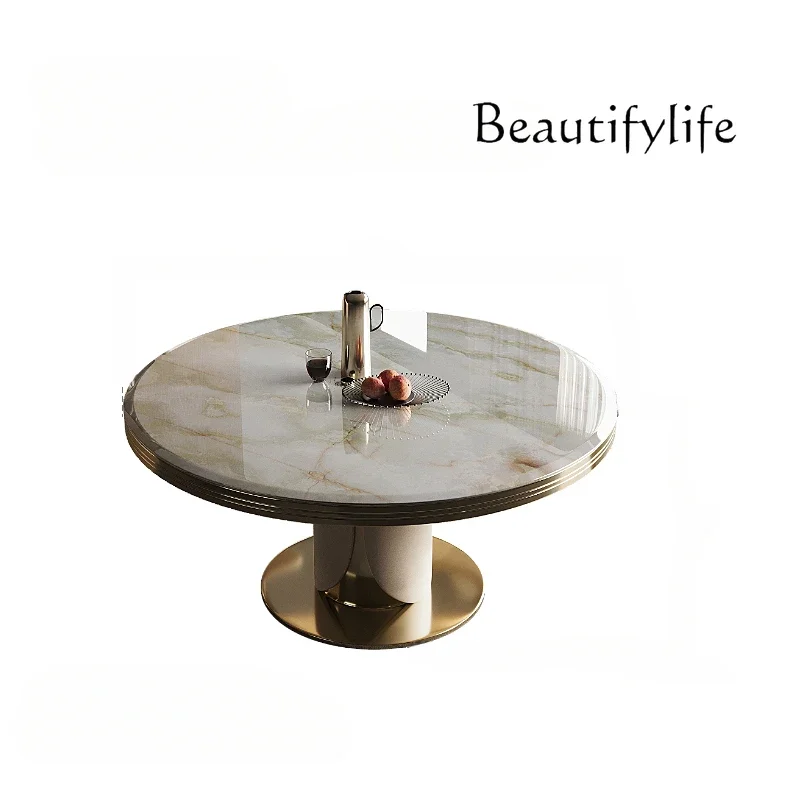 Stone Dining Table Marble round Table High-Grade Platinum Gold Diamand White Ice Jade High-End Micro Super Crystal