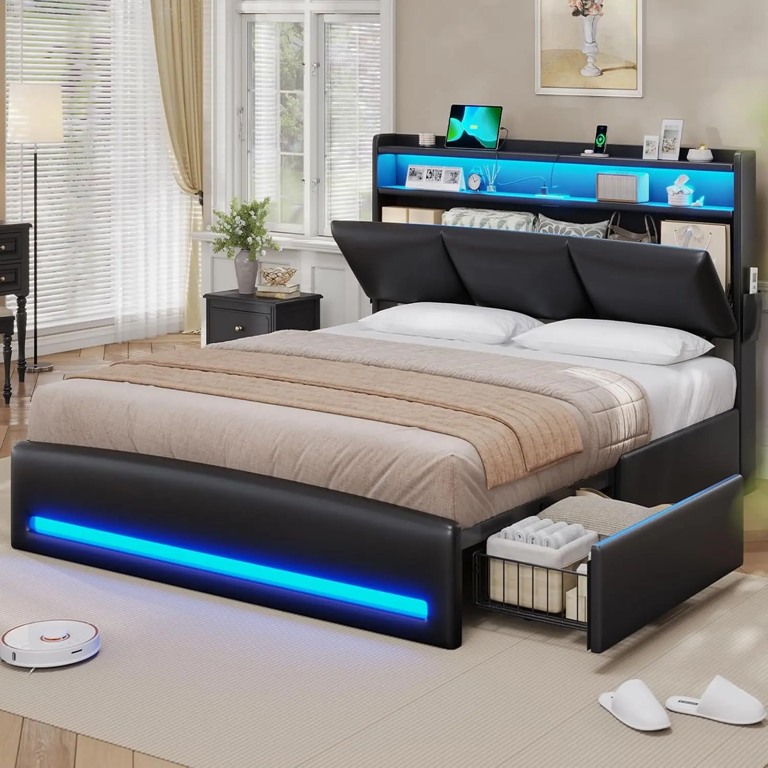 Queen Bed Frame with Storage Headboard and Charging Station, Leather Upholstered Bed Frame Queen Size with 4, Customized
