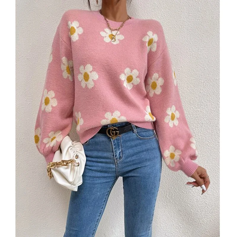 

Elegant Street wear Pullover Splice Autumn Winter 2025 Print Floral Women Knit Sweaters Round Neck Loose Long Sleeve Sweater