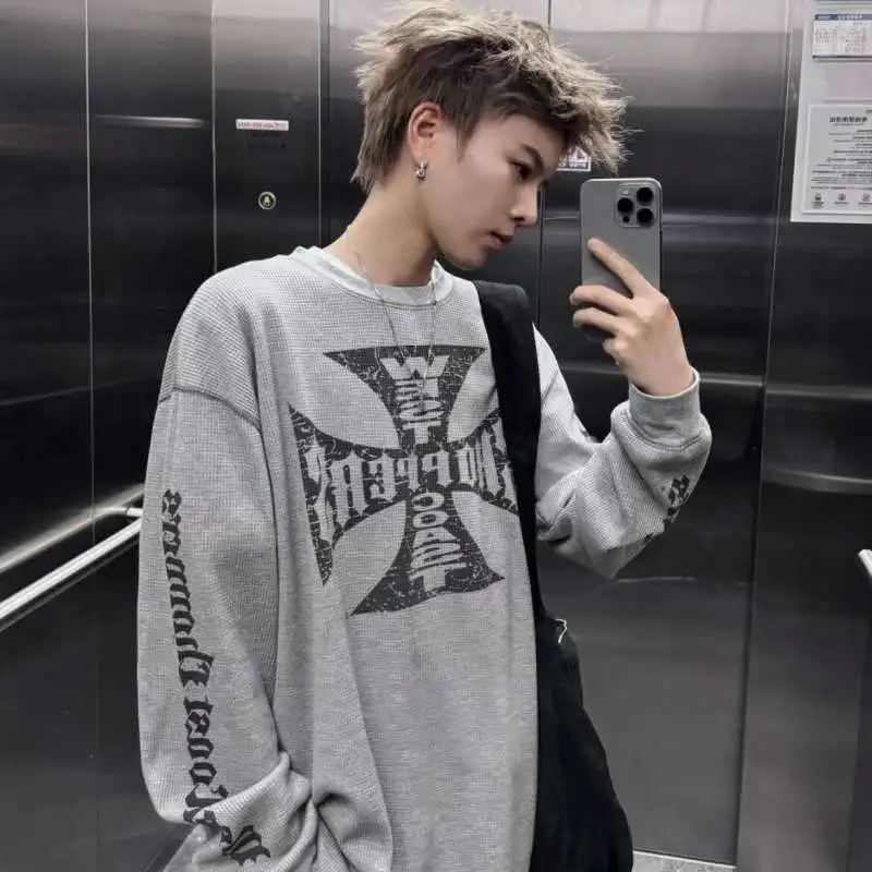Men's Casual American Vibe Long Sleeve T-Shirt Base Shirt Polyester Fabric Large Size Autumn Fashion Trend Brand Unisex