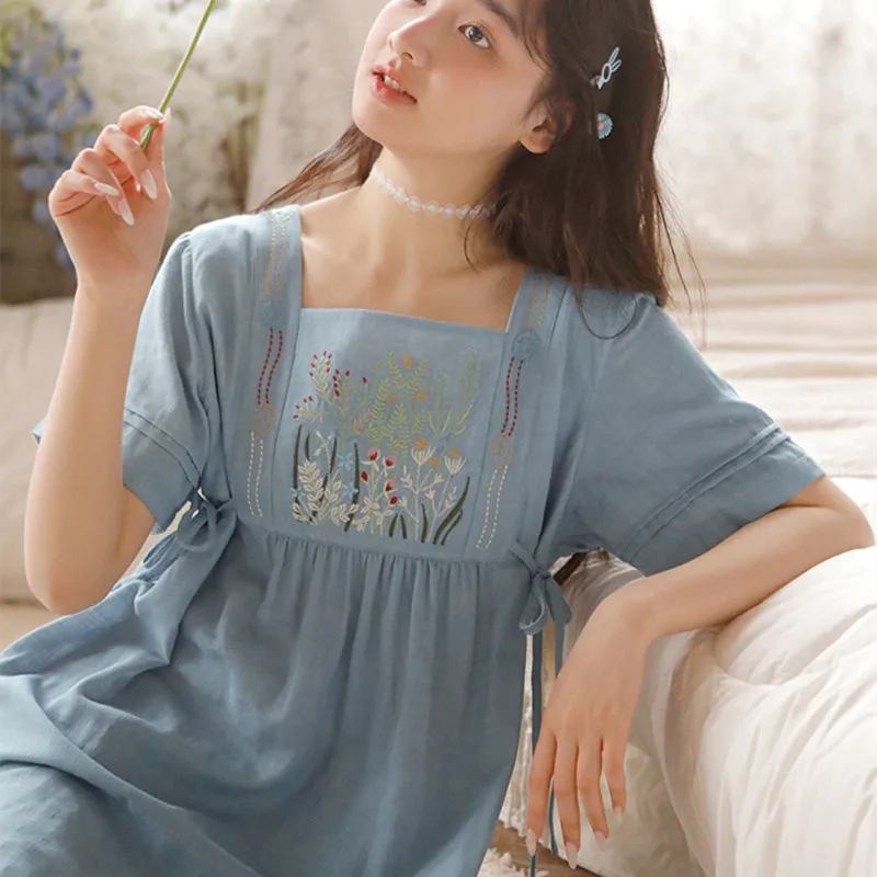 Sweet 100% Cotton Embroidery Nightgowns For Women Short Sleeve Sleepwear Vintage Princess Elegant Loose Home Dress