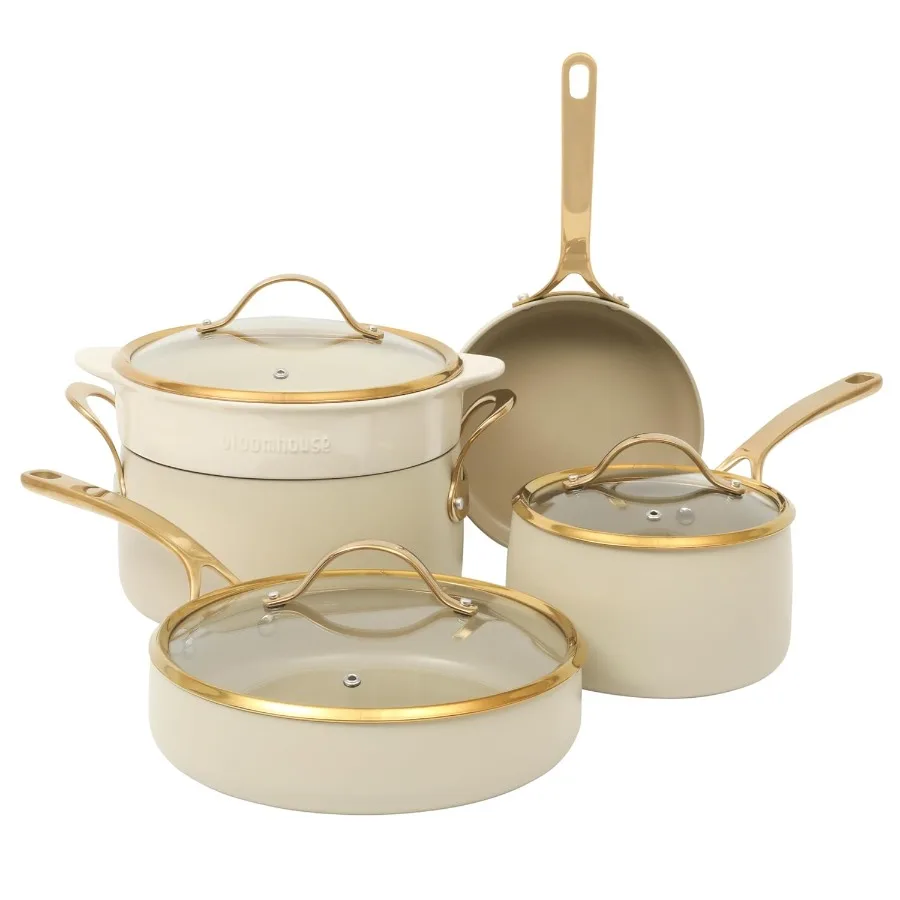 

8 Piece Pots and Pans Heavy Duty Aluminum Premium PFA Free Ceramic Nonstick Cookware Set - Almond Cream w/Gold Handle