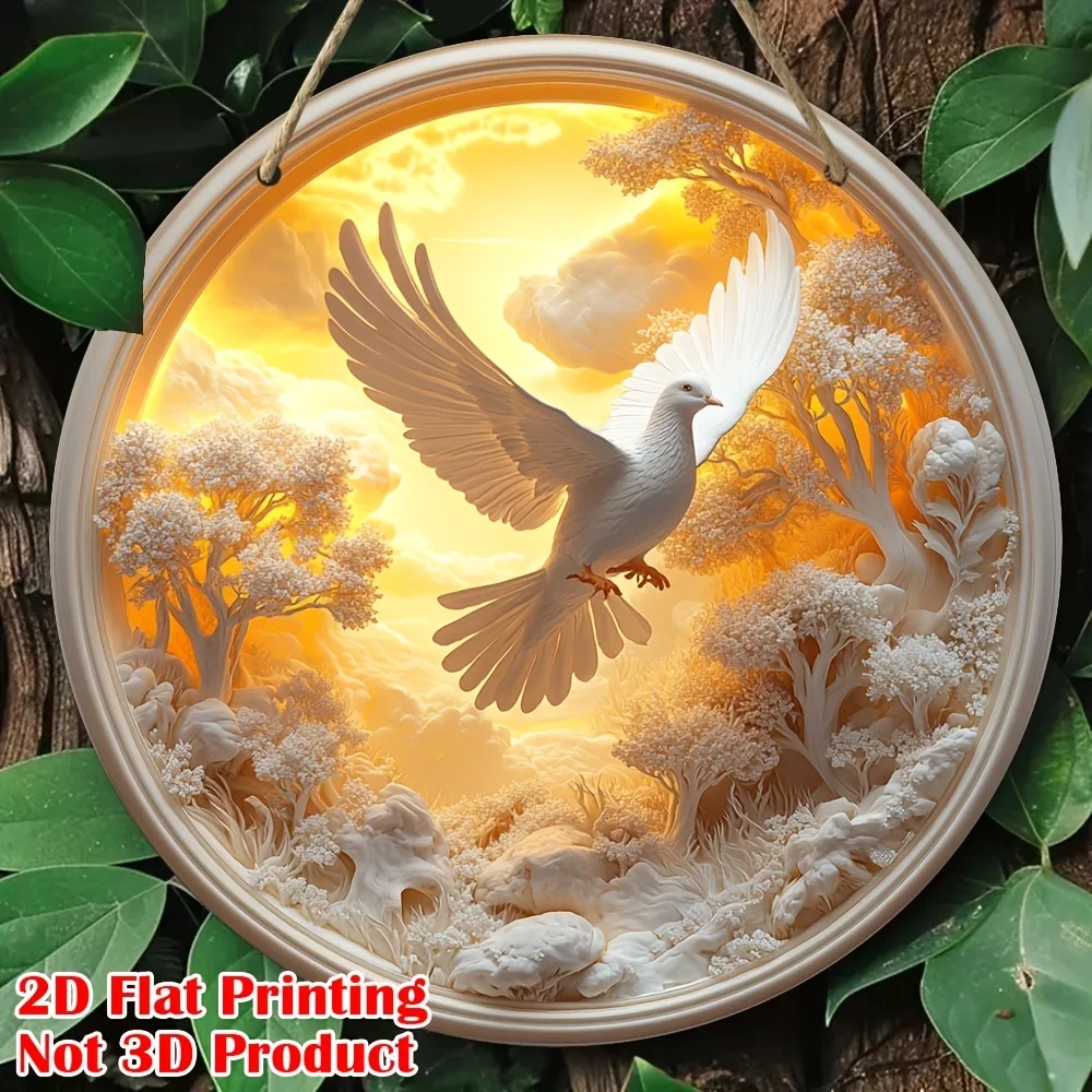 2D Flat, 1pc Vintage White Dove Wall Hanging Sign - Round Artificial Wood Decor with Suitable for Home, Cafe, - -Free Dove, Easy