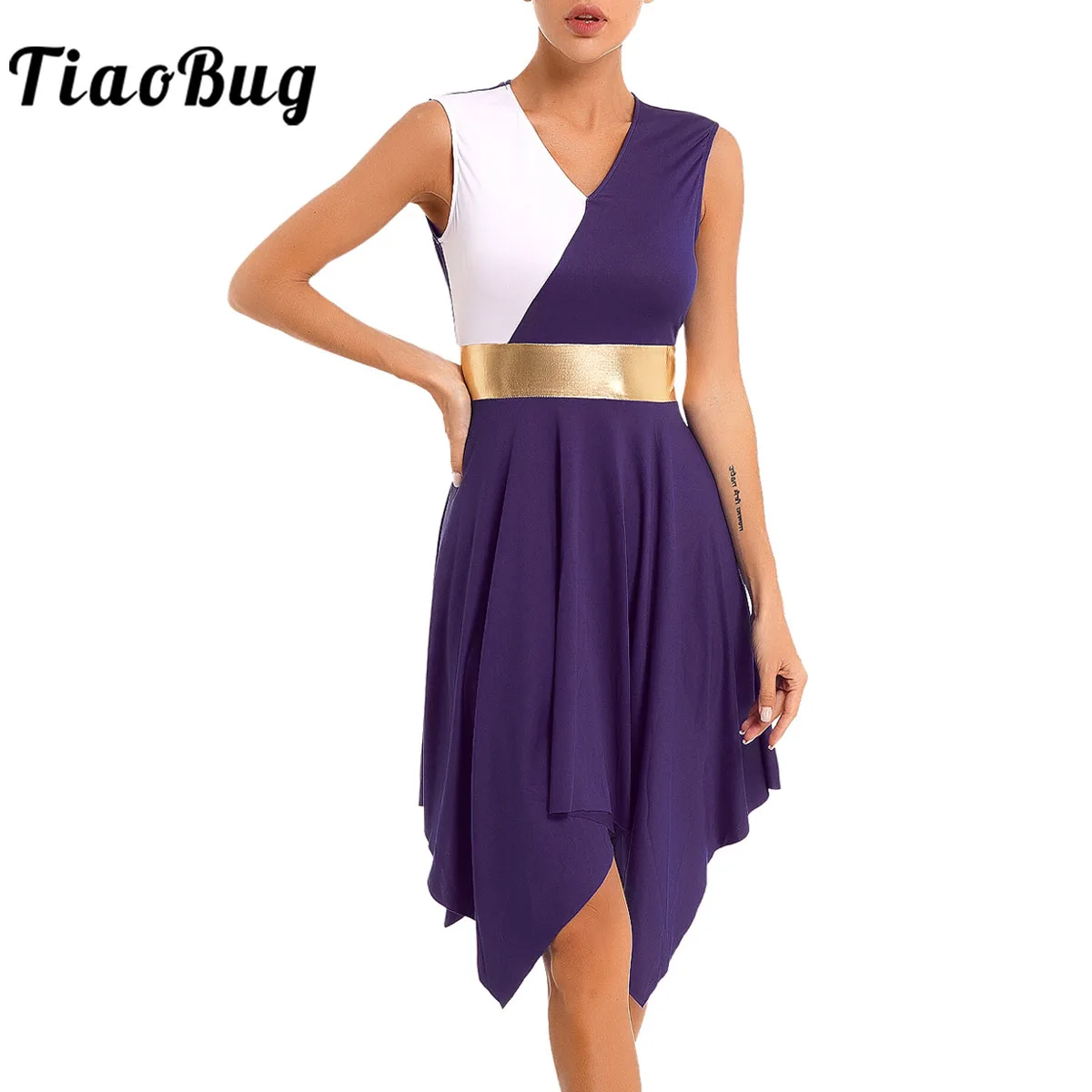 Vestido de baile lírico asimétrico para mujer, ropa de baile de salón con bloque de Color metálico, vestido de Ballet moderno para celebración, Ropa de baile litúrgica