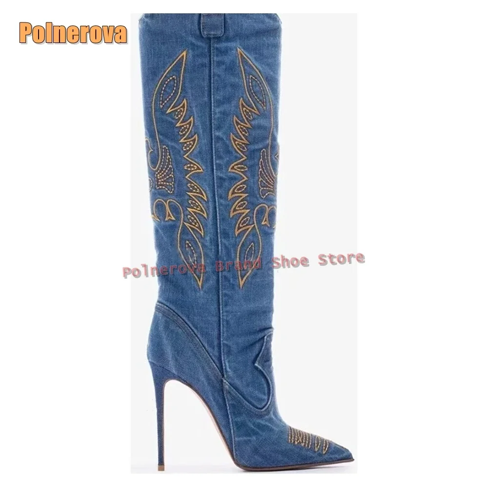 Blue Denim Embroidery Fashion Boots Pointed Stiletto Pull On Sewing Patchwork Women Knee High Boots 2025 Autumn New Style Trend
