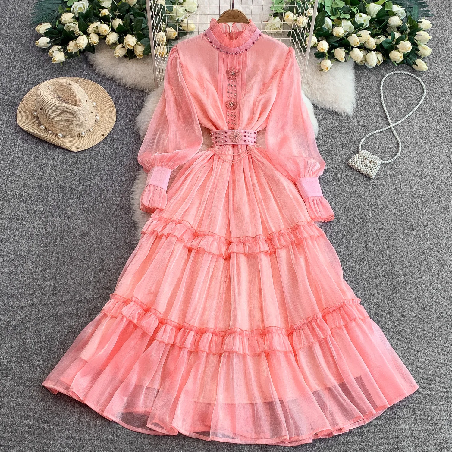 

Palace Style Retro Diamond-studded Stand Collar Long-sleeved Dress For Women Spring And Autumn Luxury Belt Waist Cake Long Dress