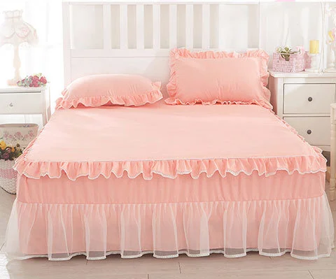 Koreanische Prinzessin Bett bezug 4 Stück Set einfarbige Rüschen Spitze Bett bezug und Kissen bezug für Mädchen Frau romantische Tages decke – Detail 2