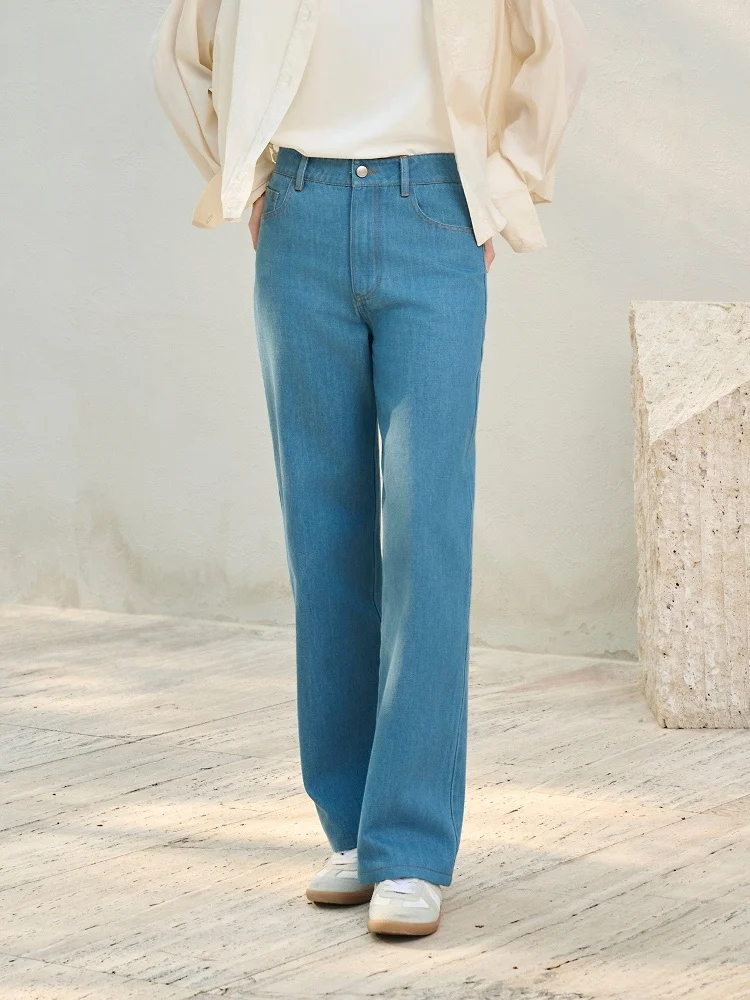 

QFKQ Retro Denim Cleanfit Jeans Waed Straight Leg Summer New Simple Ice Blue Cotton Denim Casual Sle Spring Summer