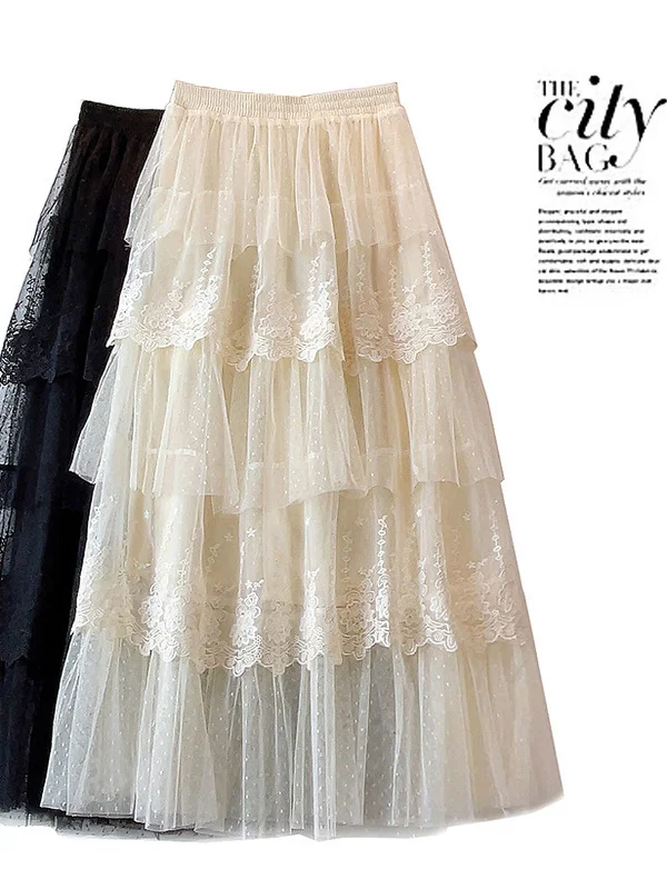 Aprikose Spitze Patchwork Feenrock Princ Sle Lässiger A-Linie Midirock Elastische Taille Sommer Neu eingetroffen aus China