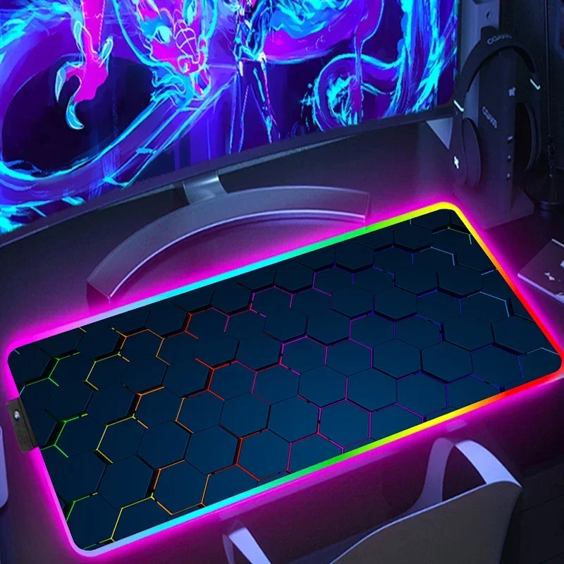 

RGB Extended Hexagon Game Mats Computer Accessories Anti-Slip Office Geometric Esports Gamer Mouse Pad LED Luminous Gaming Mat