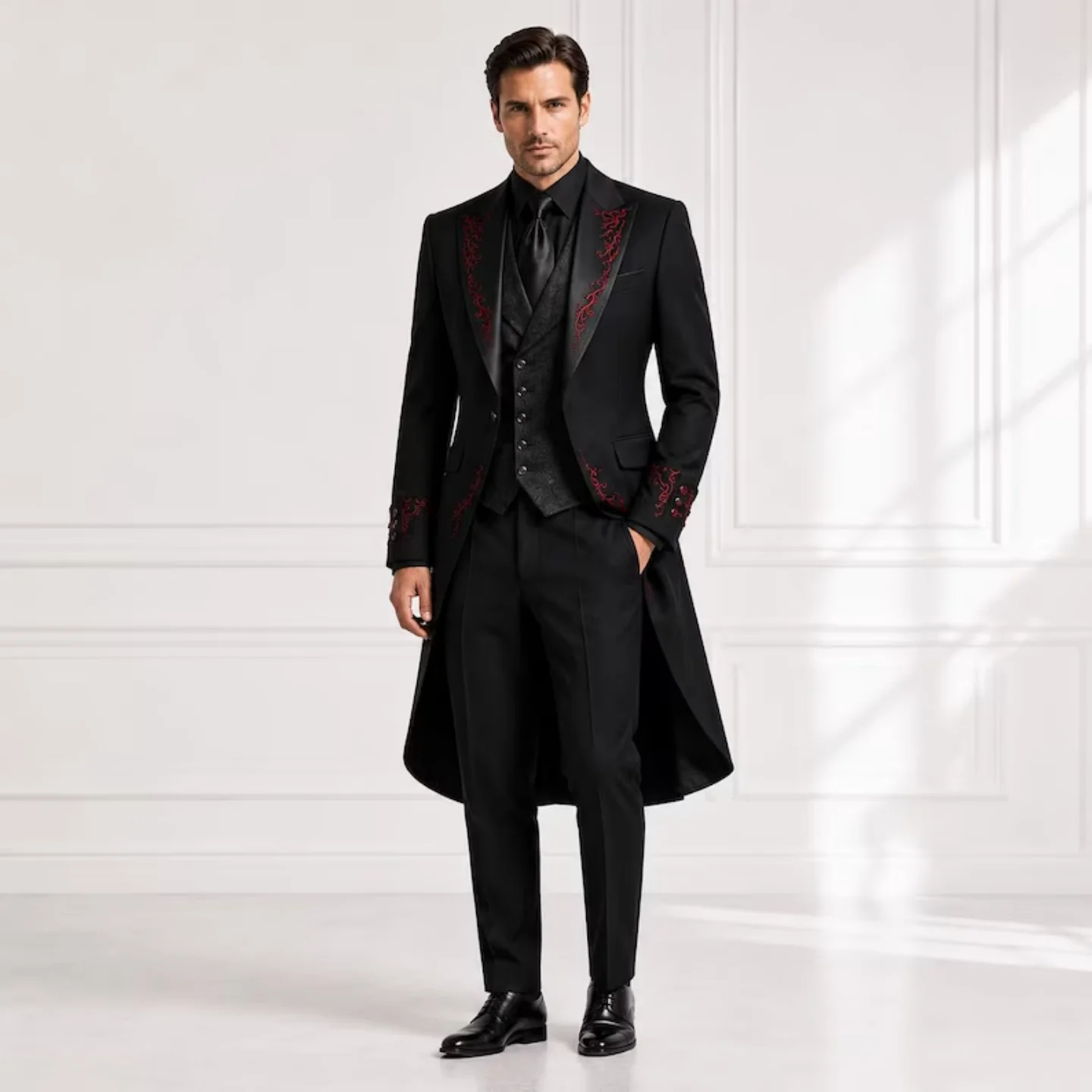 Luxury Black Red Embroidery Men 3 Piece Long Tail Coat Suit Shawl Lapel Slim Fit Tuxedo Vest Pants Wedding Groom Customized
