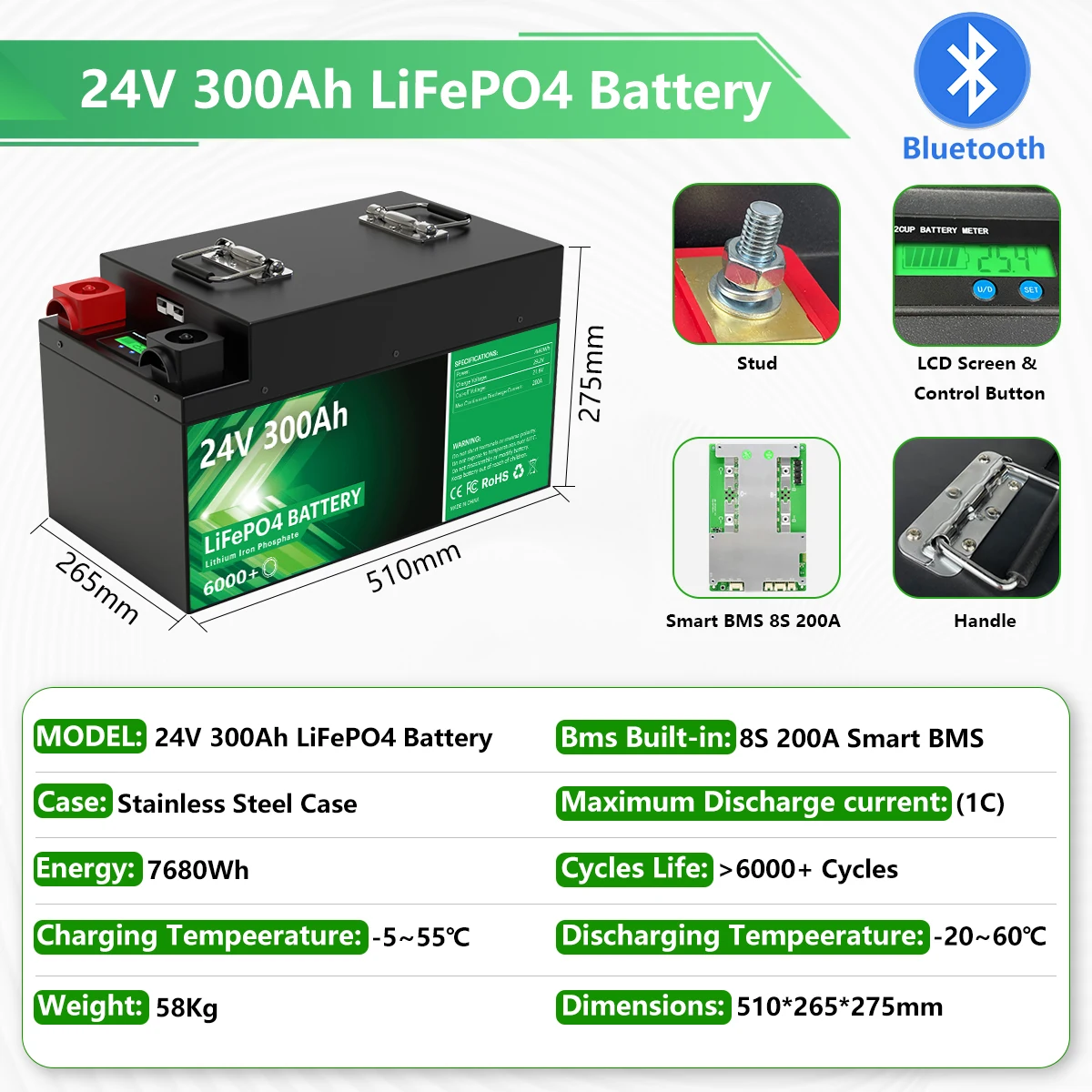 LiFePO4 24V 300Ah 200Ah 100Ah 140Ah 12V 48V Lithium Battery Bluetooth Grade A 6000 Cycle For Solar RV Golf Cart Boat EU PL STOCK