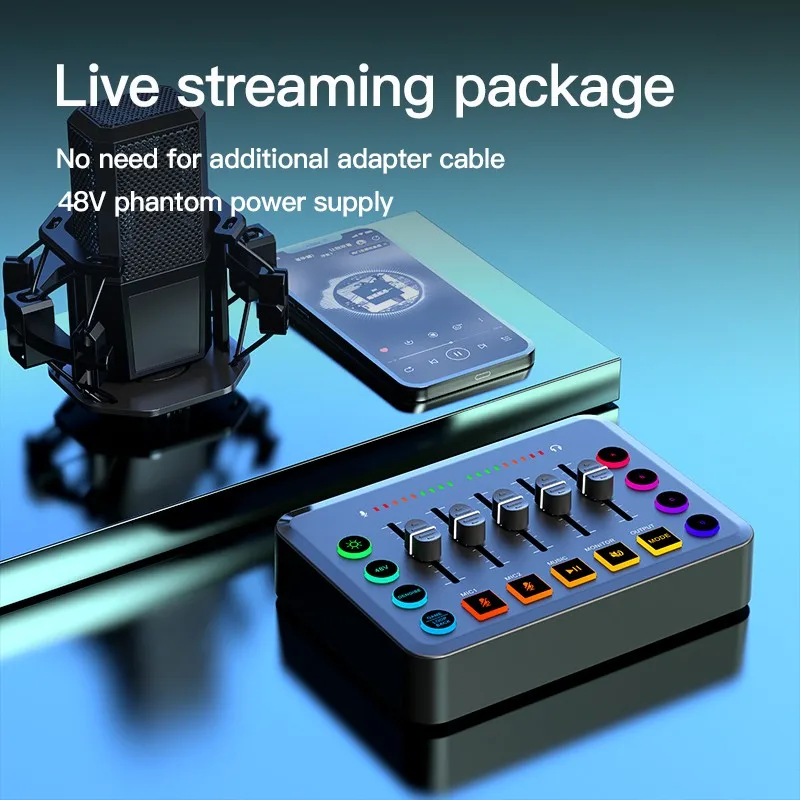 F-9 Gaming Audio Mixer Sound Card Live DJ Controller RGB OTG Lossless Dual DSP Noise Reduction for PC Mobile